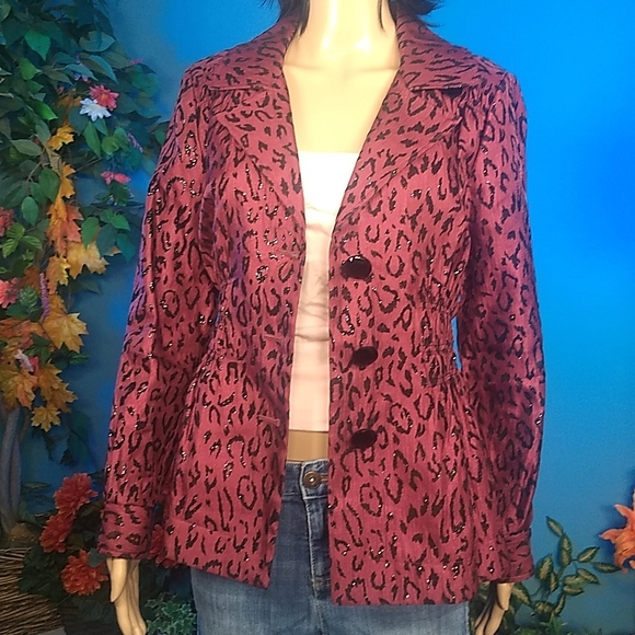 Laura Ashley Burgundy Wine with Black Leopard sequin blazer size M - Picture 13 of 15